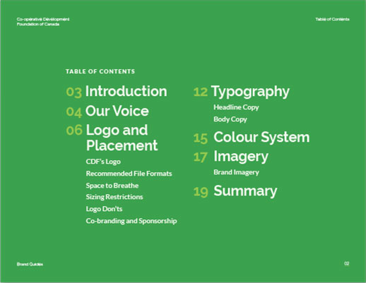 A green slide with the Table of Contents outlining the following sections: introduction, our voice, logo and placement, typography, colour system, imagery, and summary