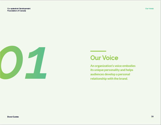 A very light green slide with '01' in a large font on the left, with 'Our Voice' as a title to the right with text underneath.