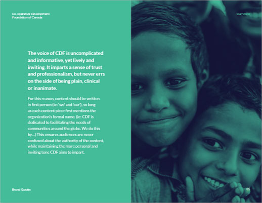 A teal slide, the left side is text outlining the voice of CDF and what that means. On the right of this slide, there's an image of two young boys together smiling. The image has a teal overlay.