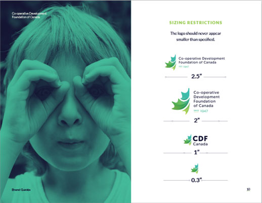 A white slide with an image of a young girl on the left using both of her hands as binoculars. The image has a teal overlay. The right side of the slide has the sizing restrictions of the CDF logo with multiple versions/sizes of the CDF logo in a column.