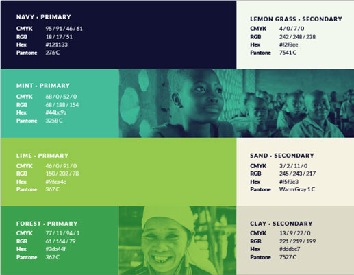 A four row slide, each row with a different colour. The top is a navy blue which is the primary colour for CDF's brand. The second is mint green. The third is lime green. The fourth is forest green. On the right of the slide there are three more colors: lemongrass, sand, and clay which are kind of beige.