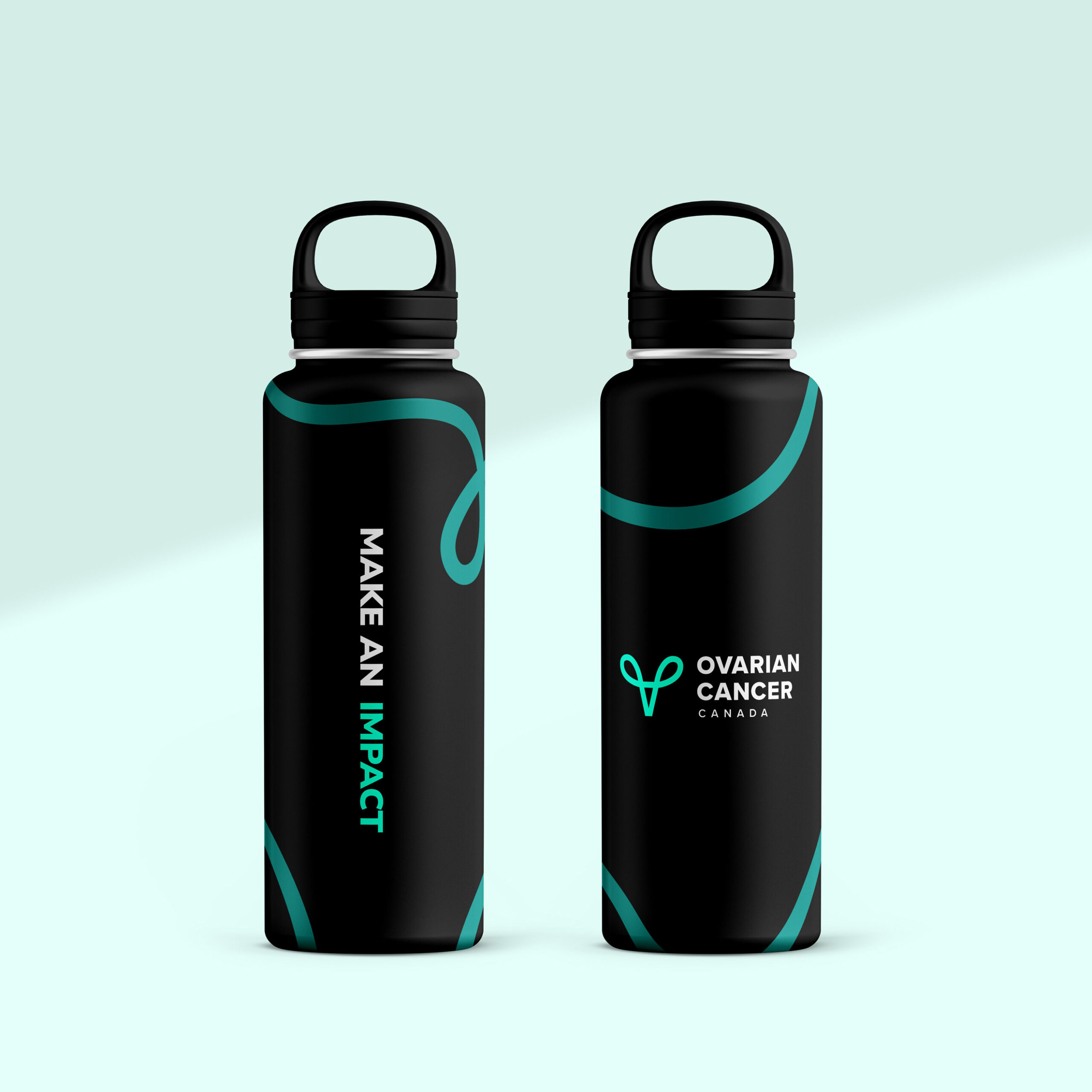 OCC logo mock up on two black water bottles