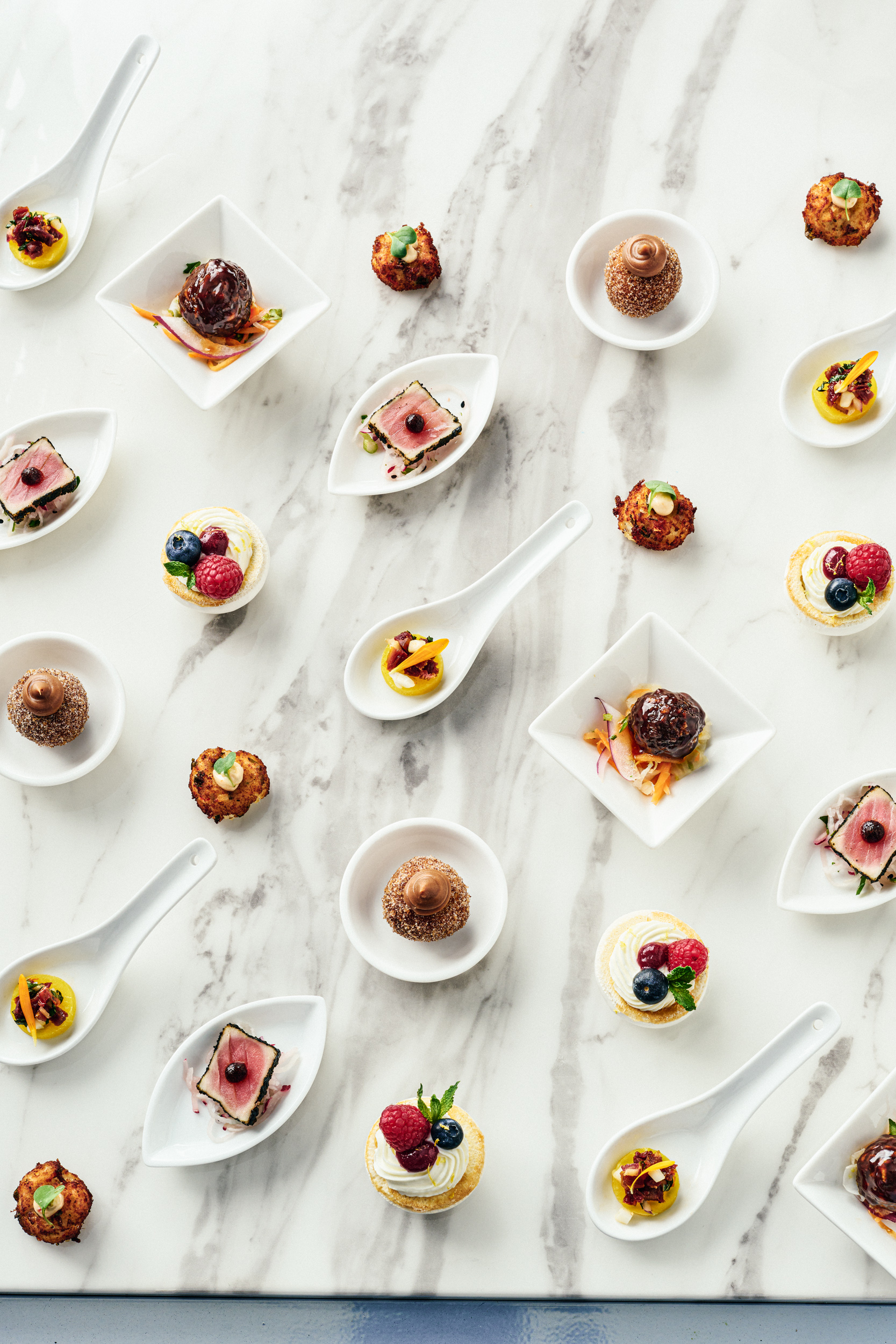 Overhead view of individually platted desserts