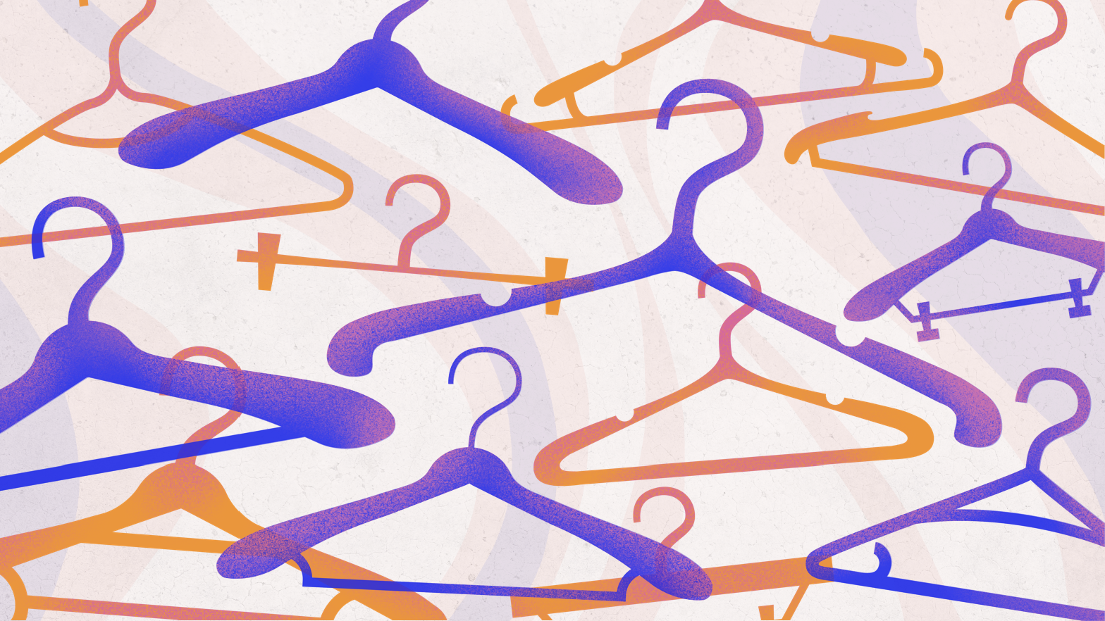 Multicoloured clothes hangers overlaid on a wavy graphic background.