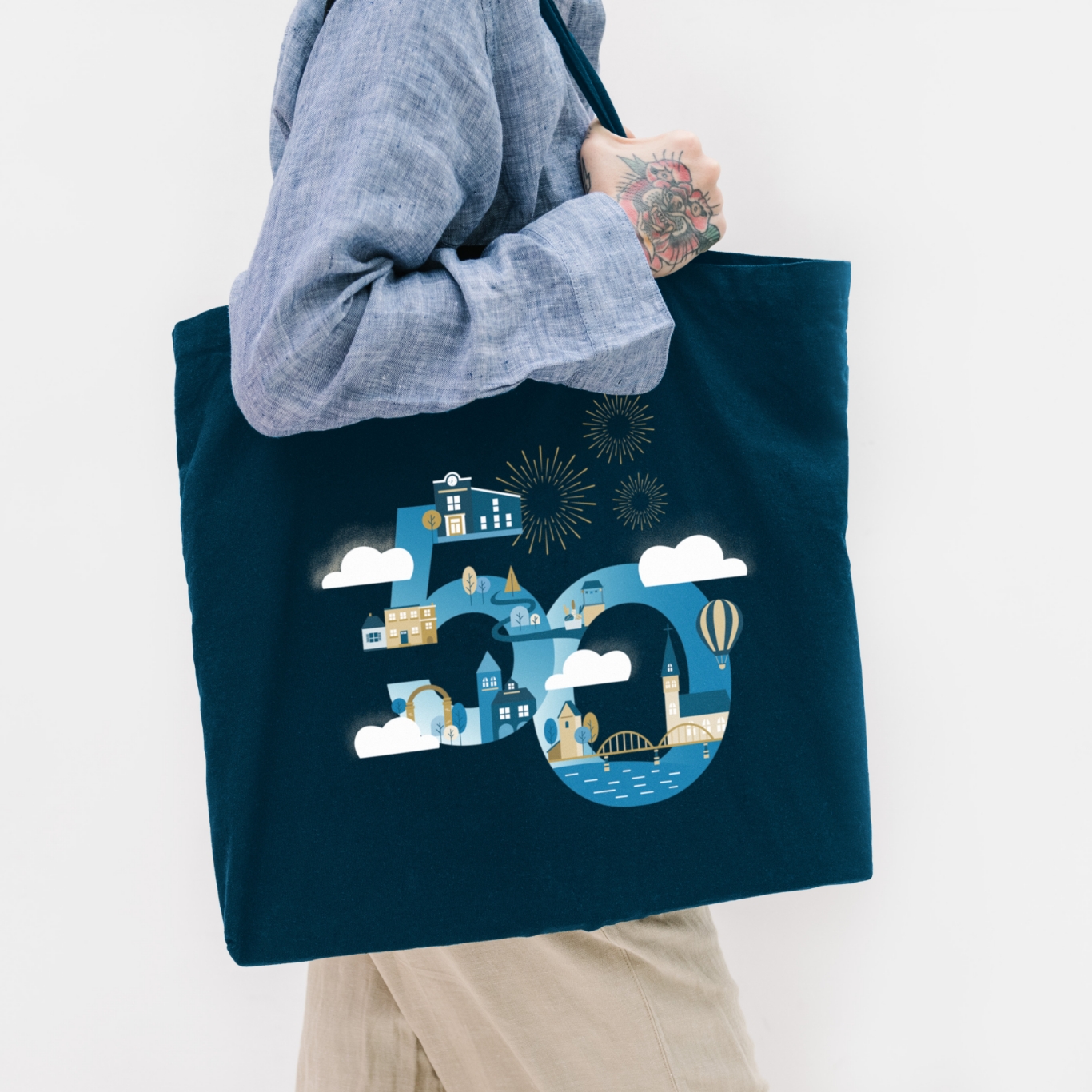 Cambridge 50th anniversary branding on bag