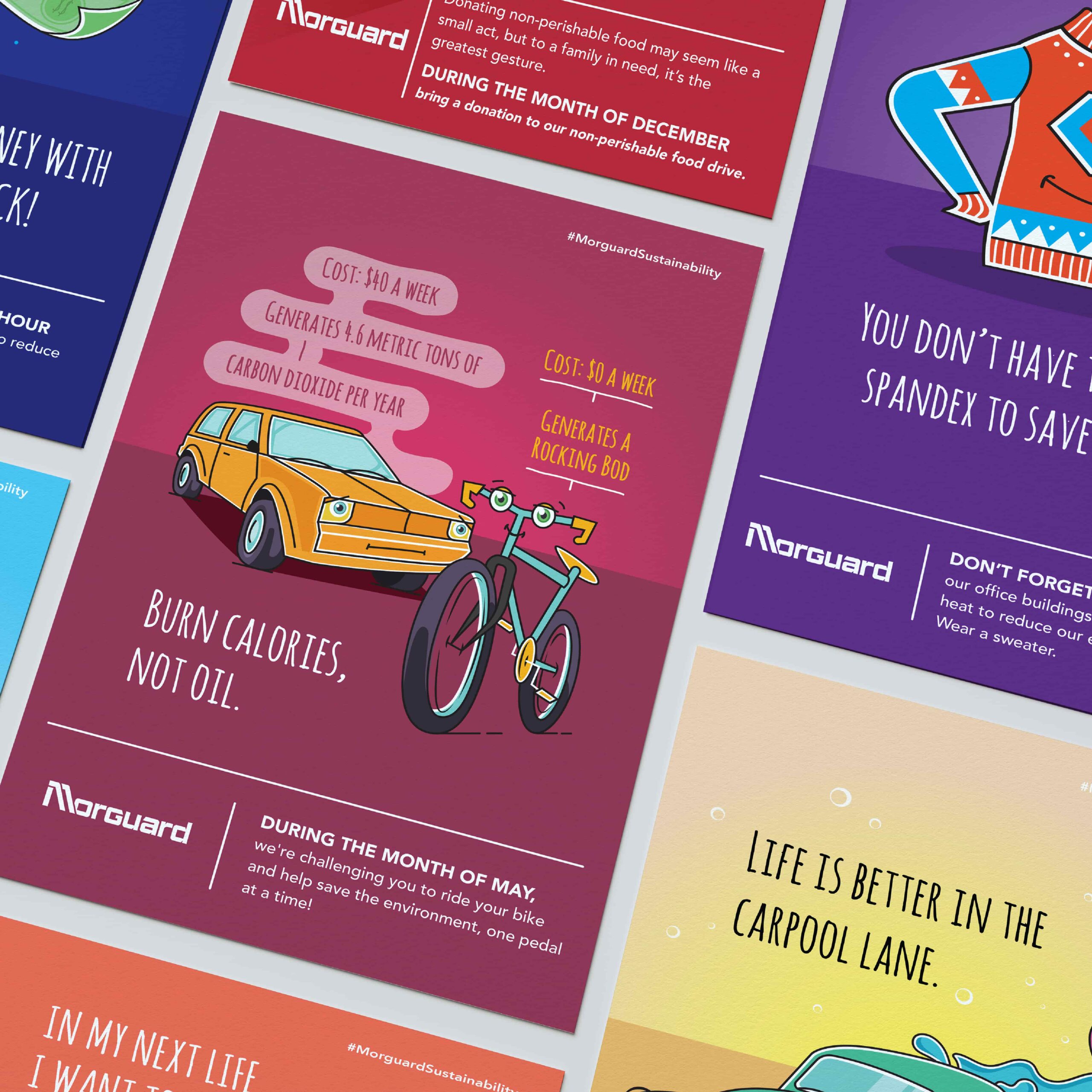 Brightly coloured posters from Morguard's 2018 campaign, encouraging sustainable actions.
