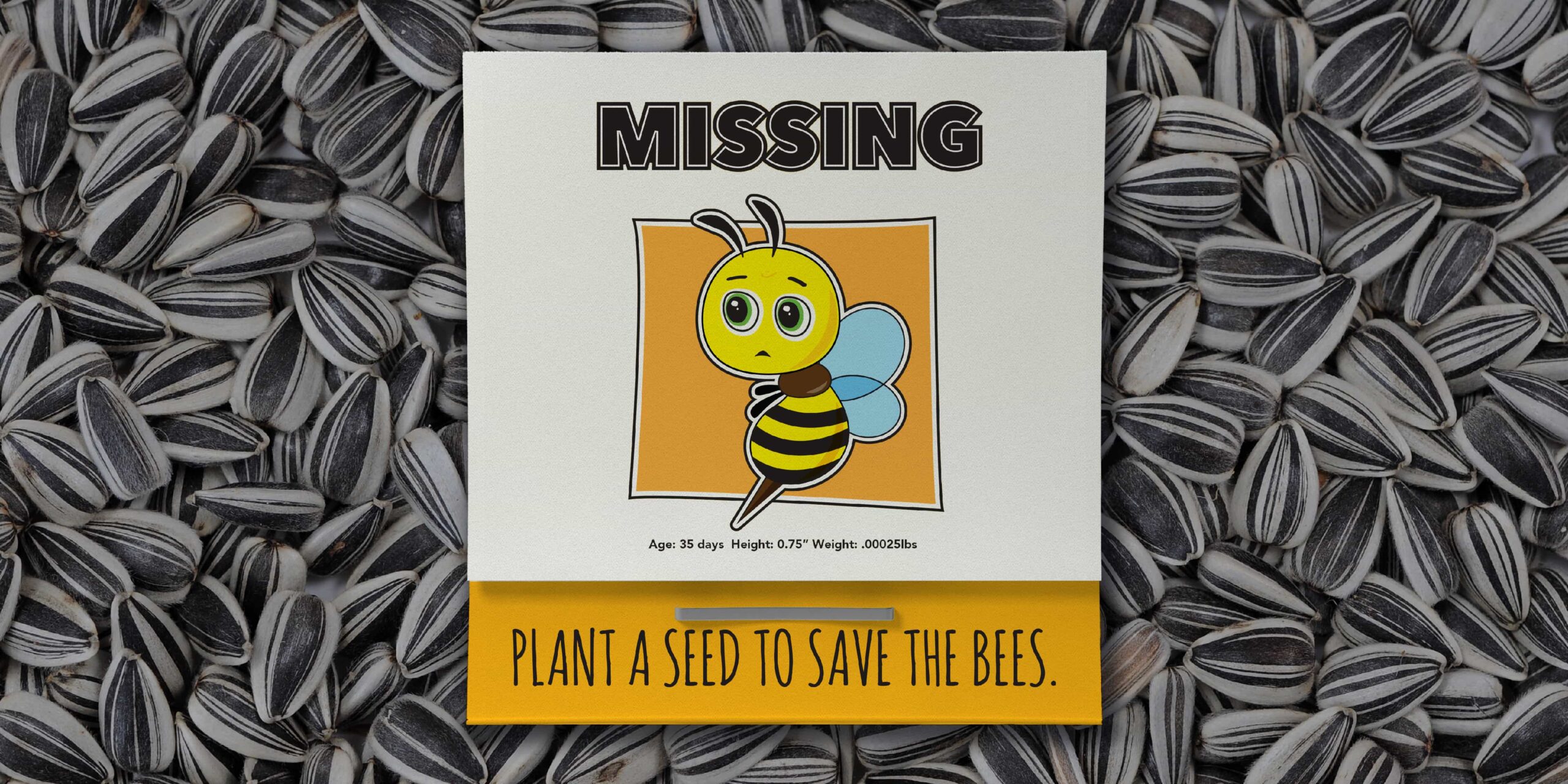 Seed packet with bee illustration, on background of sunflower seeds.