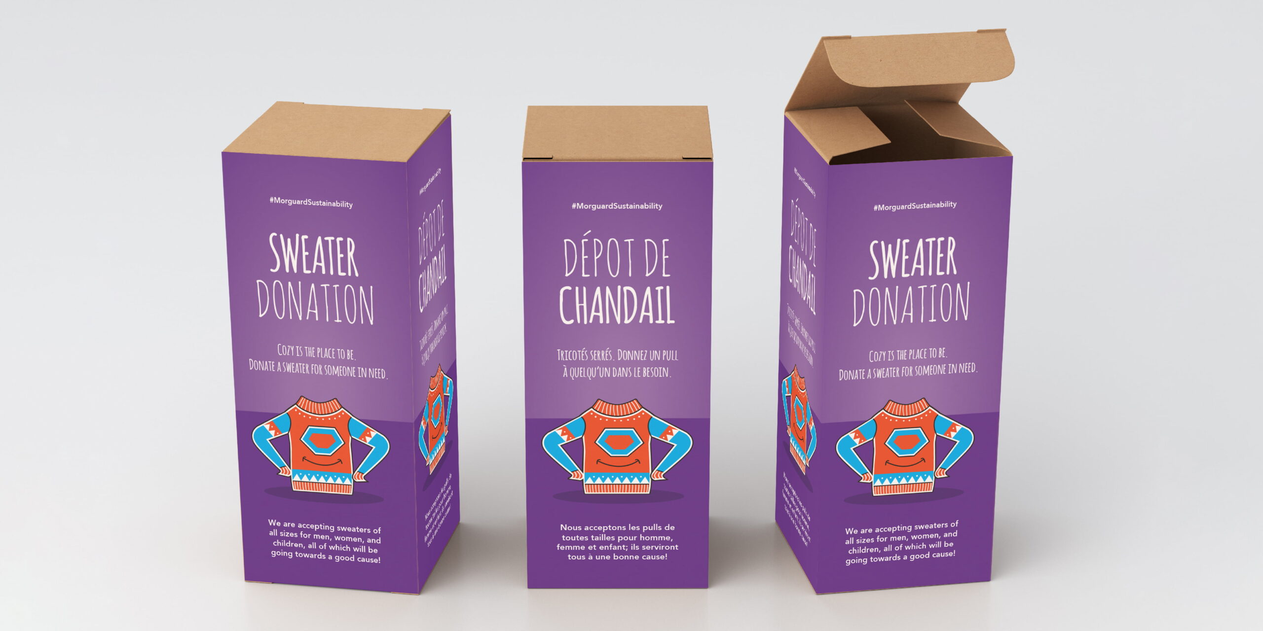 Three illustrated purple sweater donation boxes