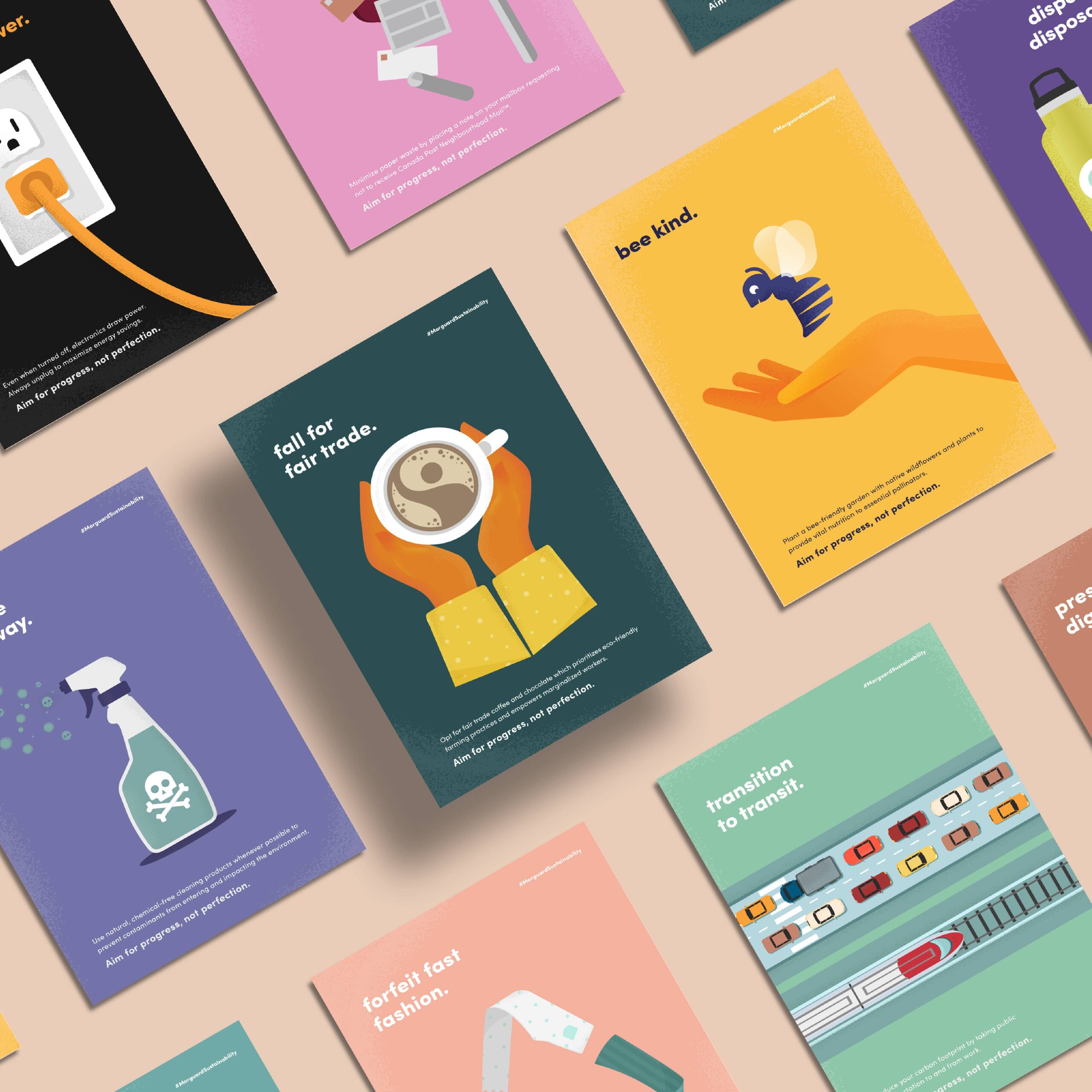 Brightly coloured posters, featuring simplistic illustrations