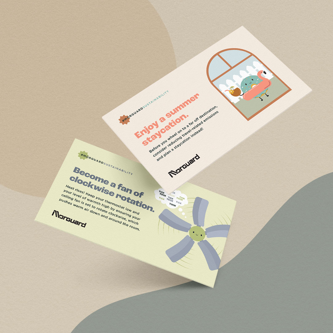 Two e-blast samples, with illustrations of a ceiling fan and vacationing character