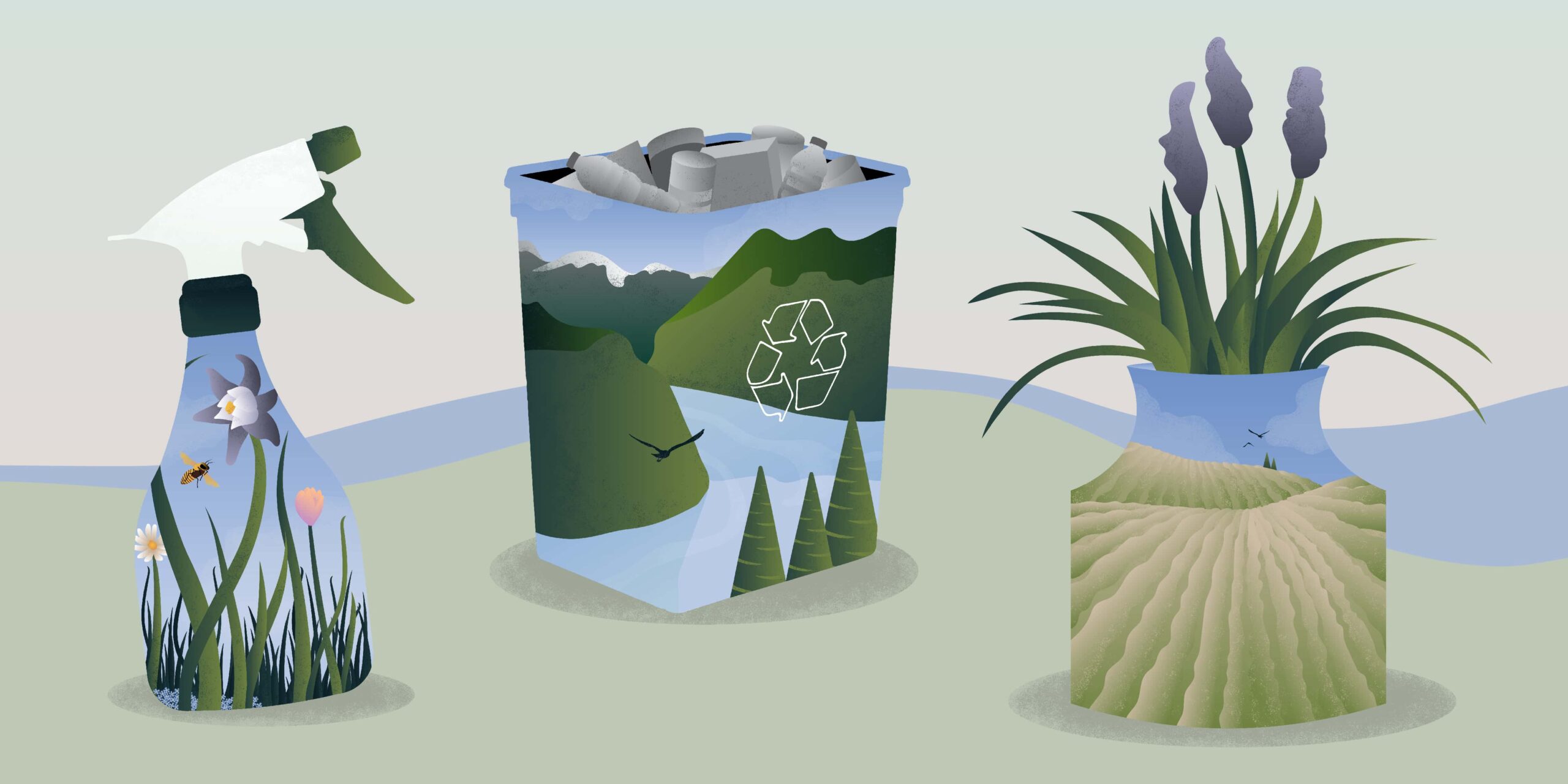 Illustrations of a spray bottle, recycling bin and potted plant.