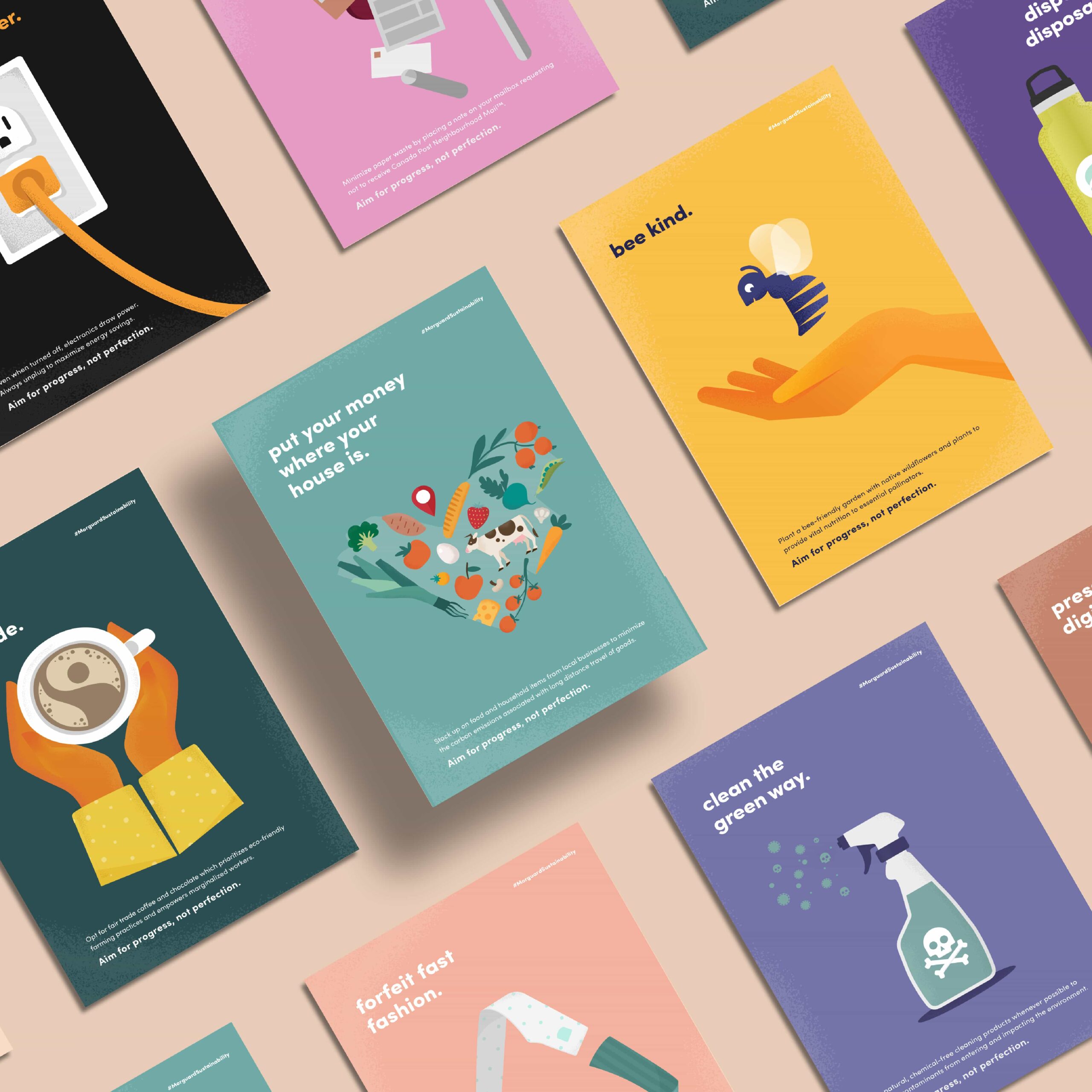 Brightly coloured posters, featuring simplistic illustrations
