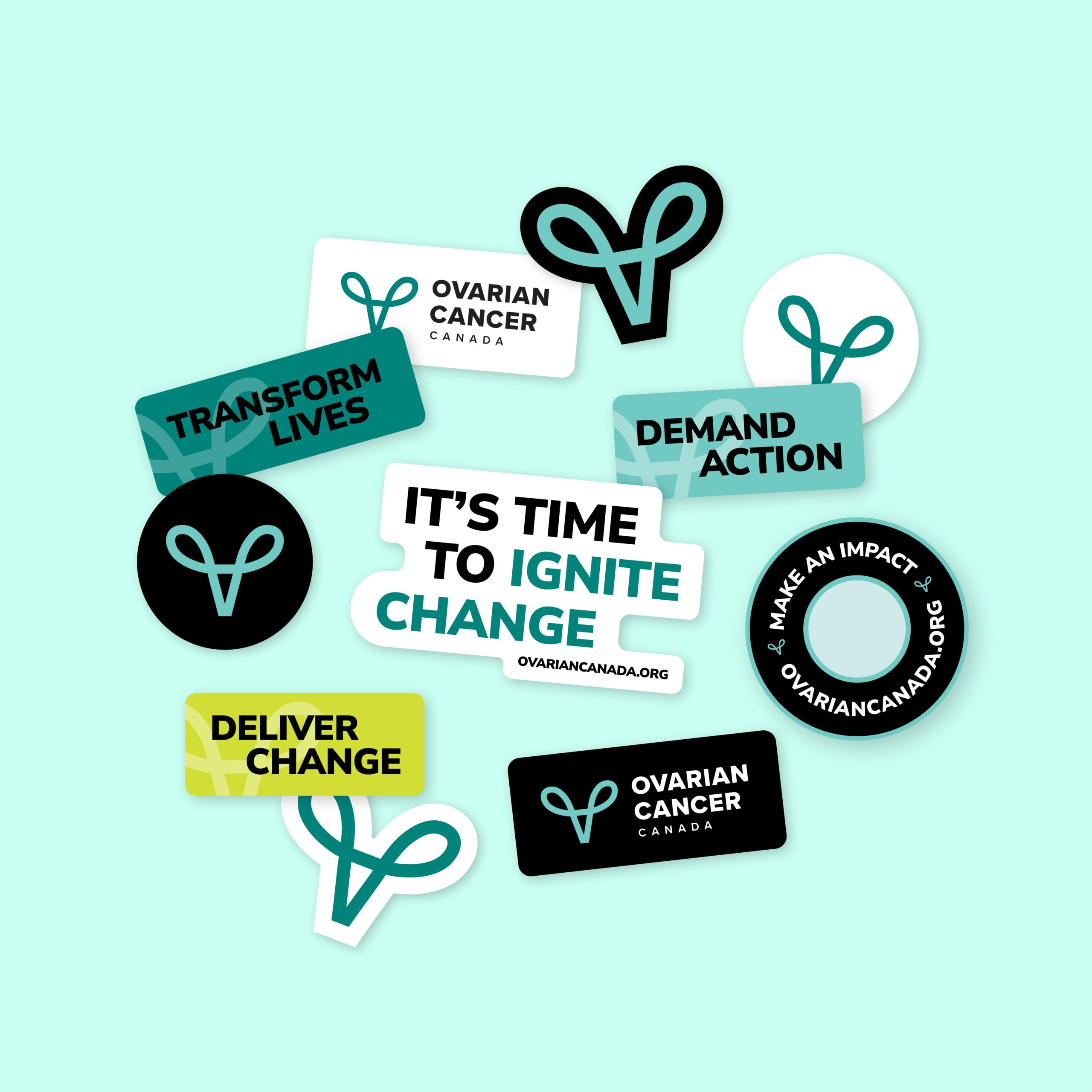 Mockup of various Ovarian Cancer Canada stickers