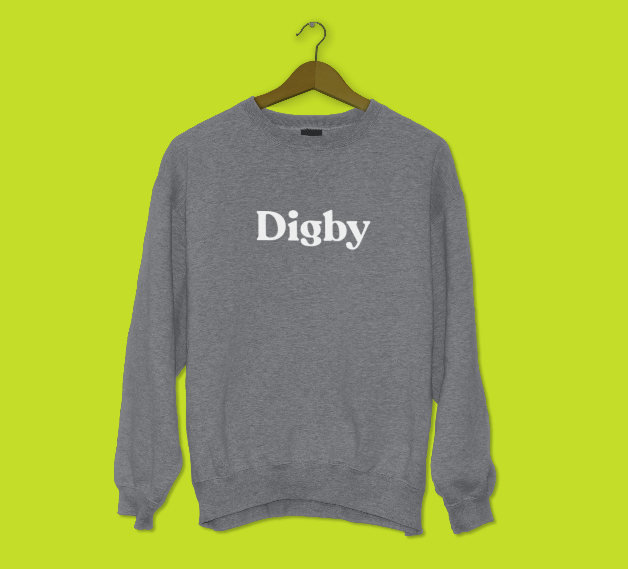 A grey crewneck sweater with the Digby logo across the chest