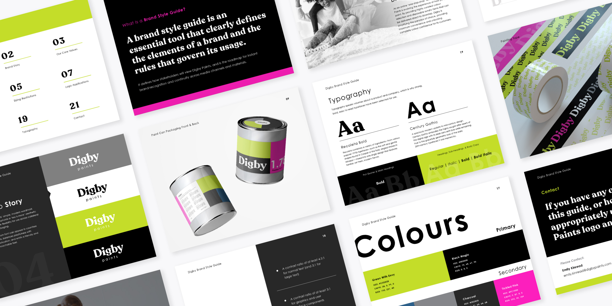 Several mockups for the Digby Paints brand guide