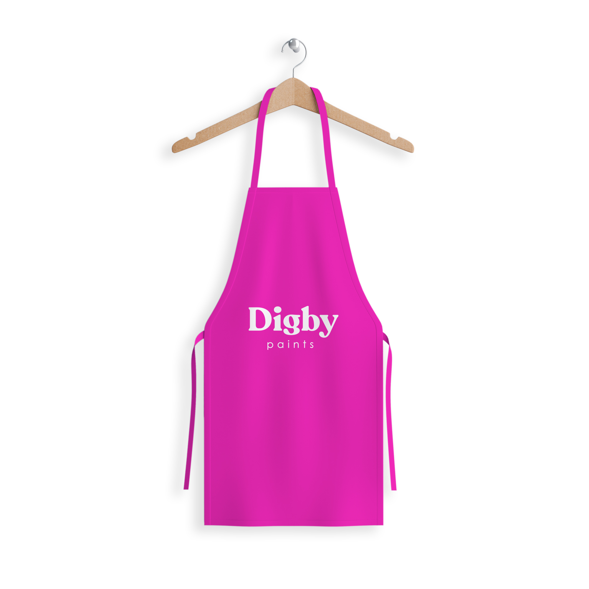 A pink apron with the Digby logo