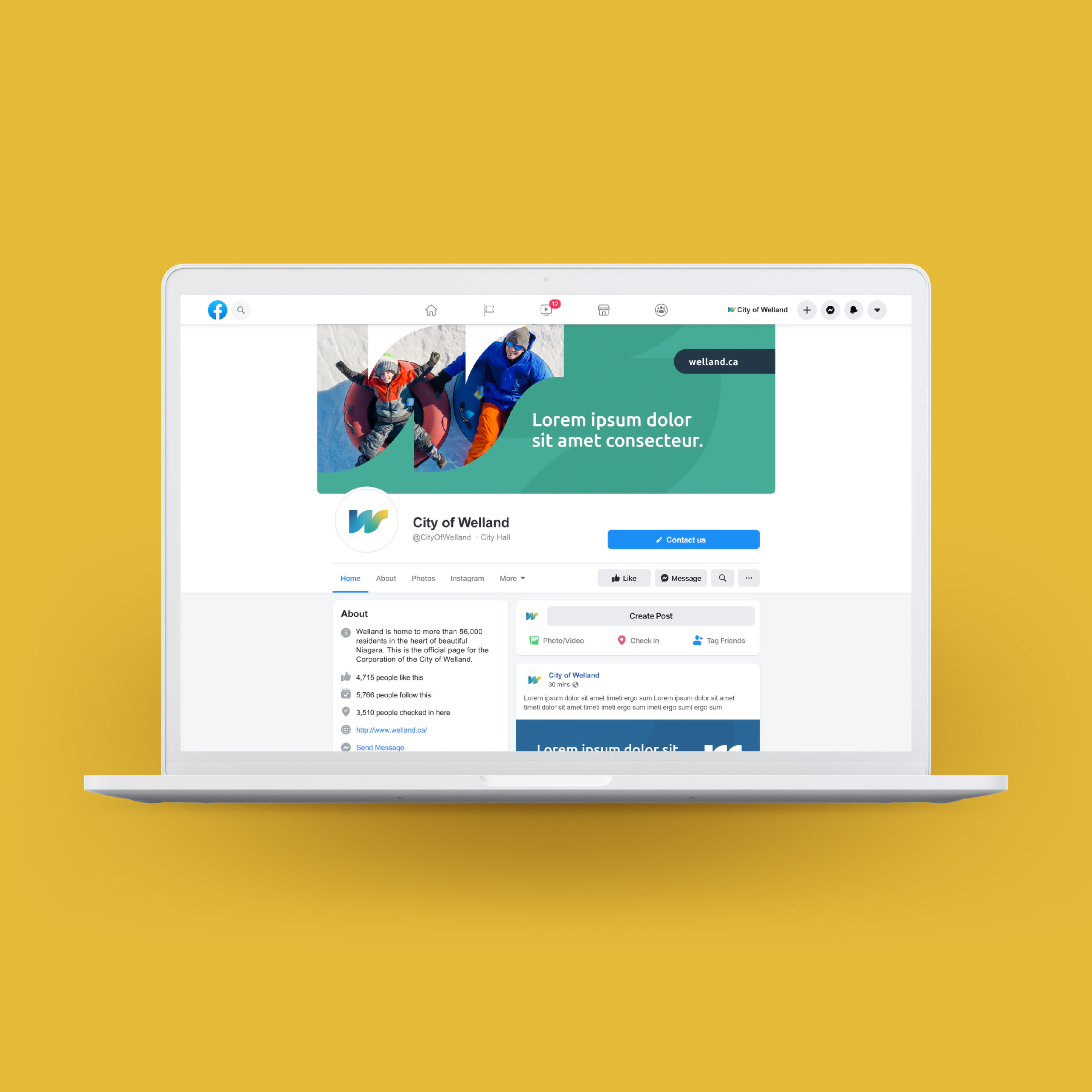 Welland Facebook page mockup, on a laptop over a yellow background.