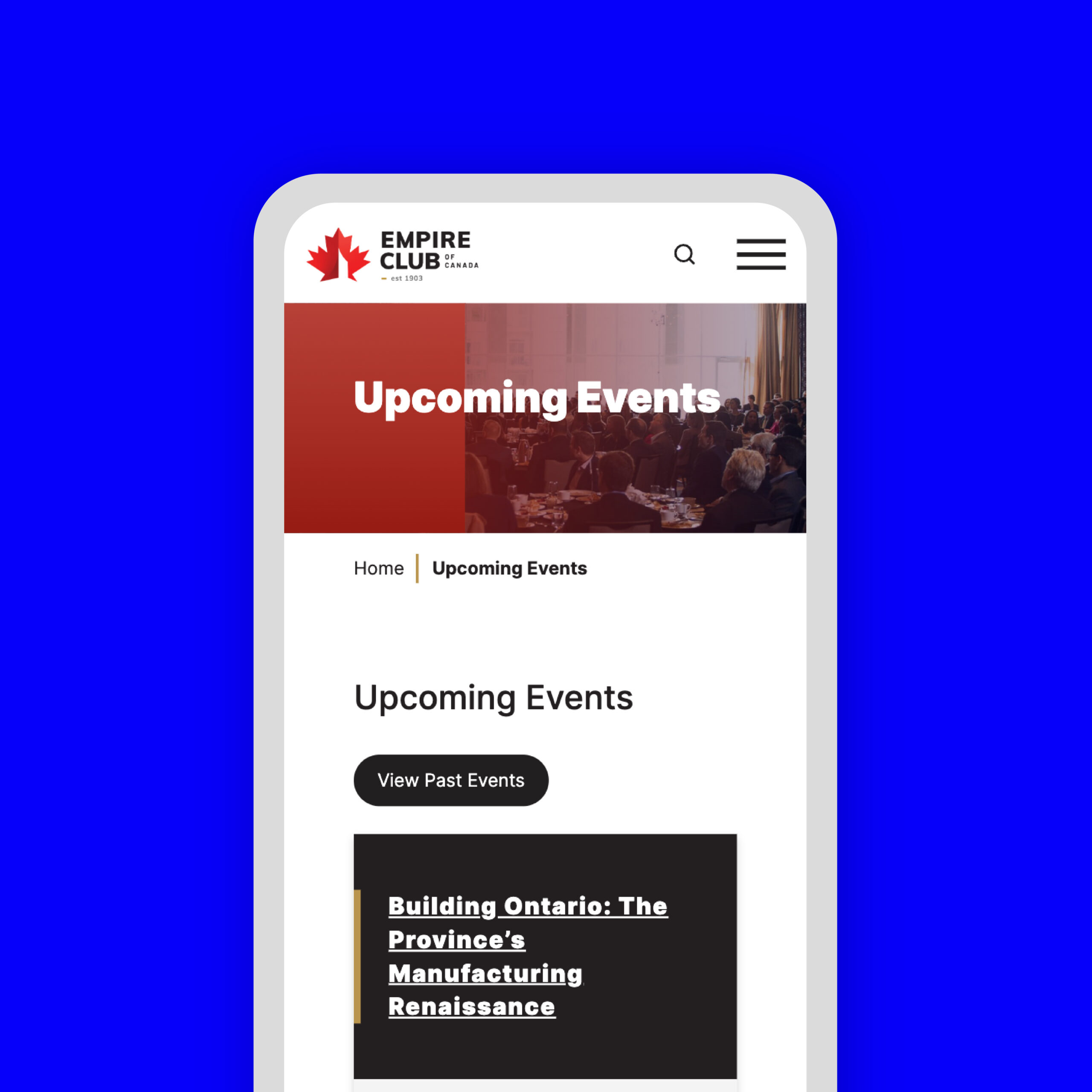 Mobile mockup of website events page