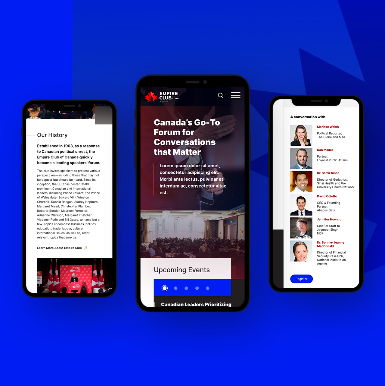 Empire Club of Canada website mock up on three mobile devices