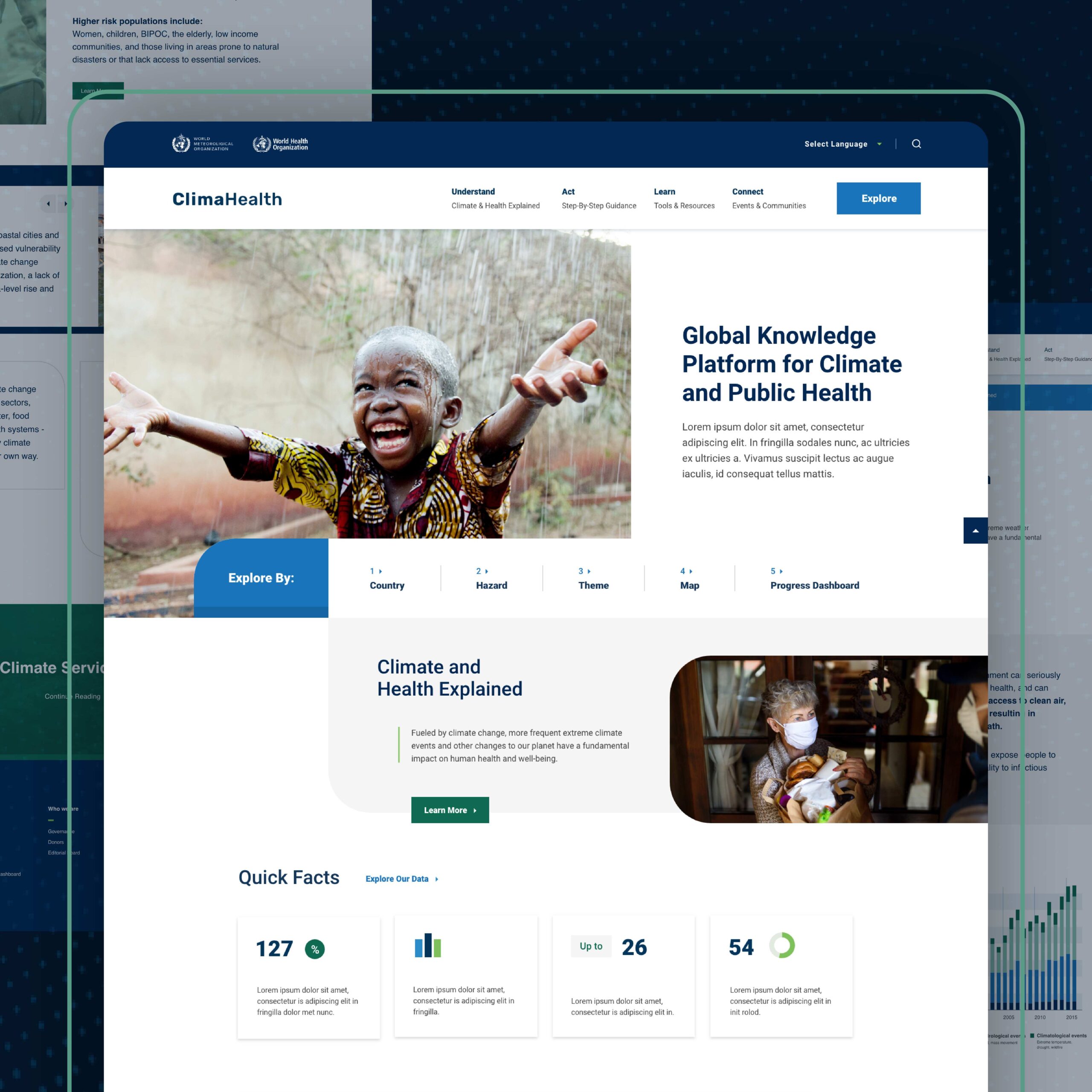 ClimaHealth homepage, showing the hero banner and some card elements