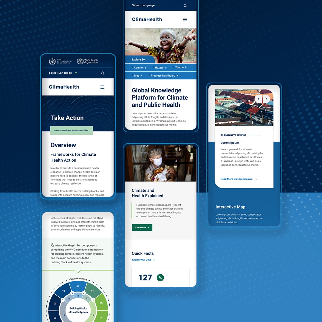 Showcase of the ClimaHealth homepage on multiple mobile phone screens