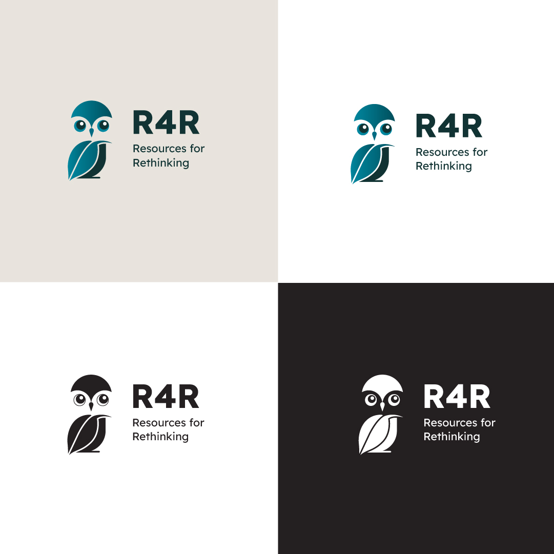 R4R logo in colour, black and white, and knockout formats