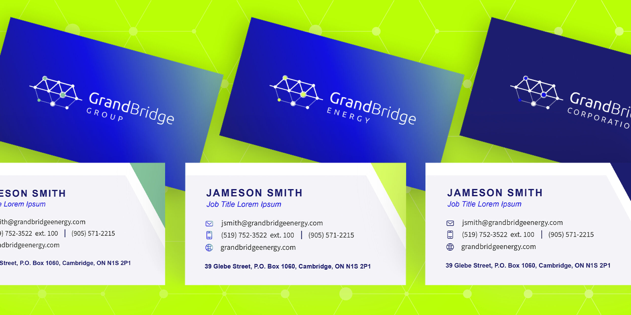 Three business card designs for GrandBridge brands (Group, Energy, and Corporation)