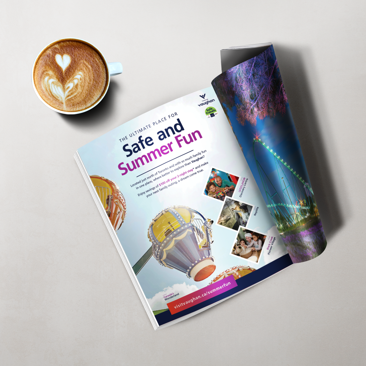 "Safe and Summer Fun" article feature in a magazine beside a latte.