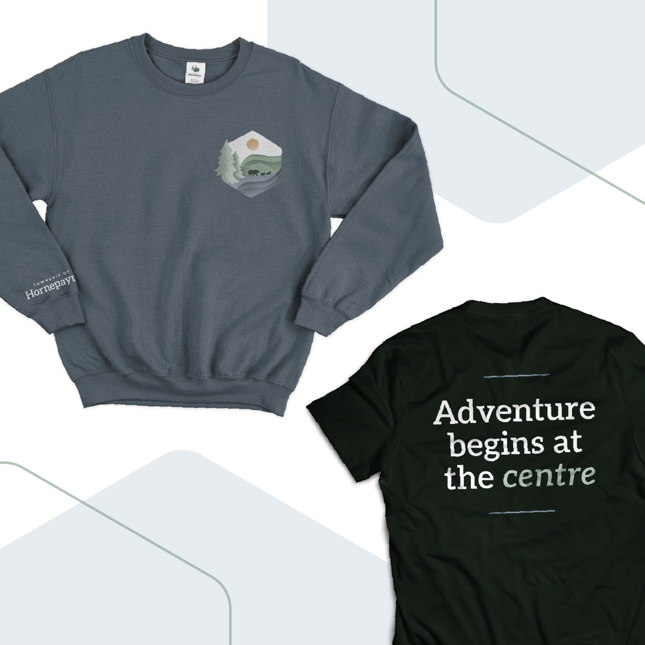 Hornepayne apparel mock up on a sweater and tshirt