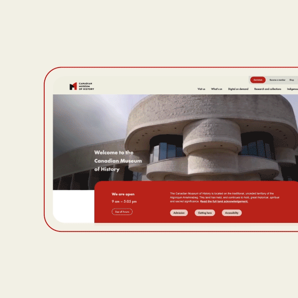 Screenshot of the Canadian Museum of History website homepage featuring modern architecture and visitor information.