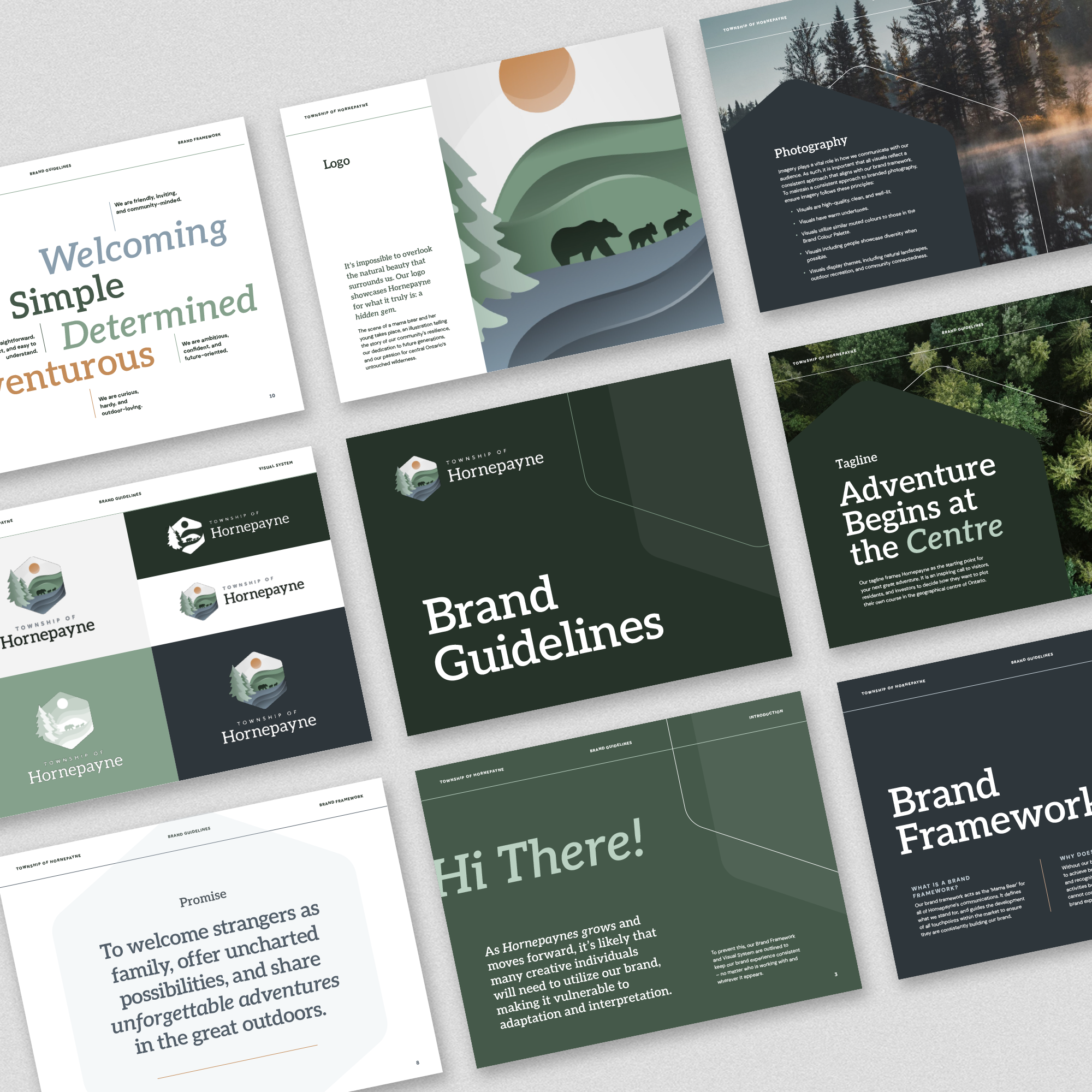 Mock up of pages from the Hornepayne brand guide.