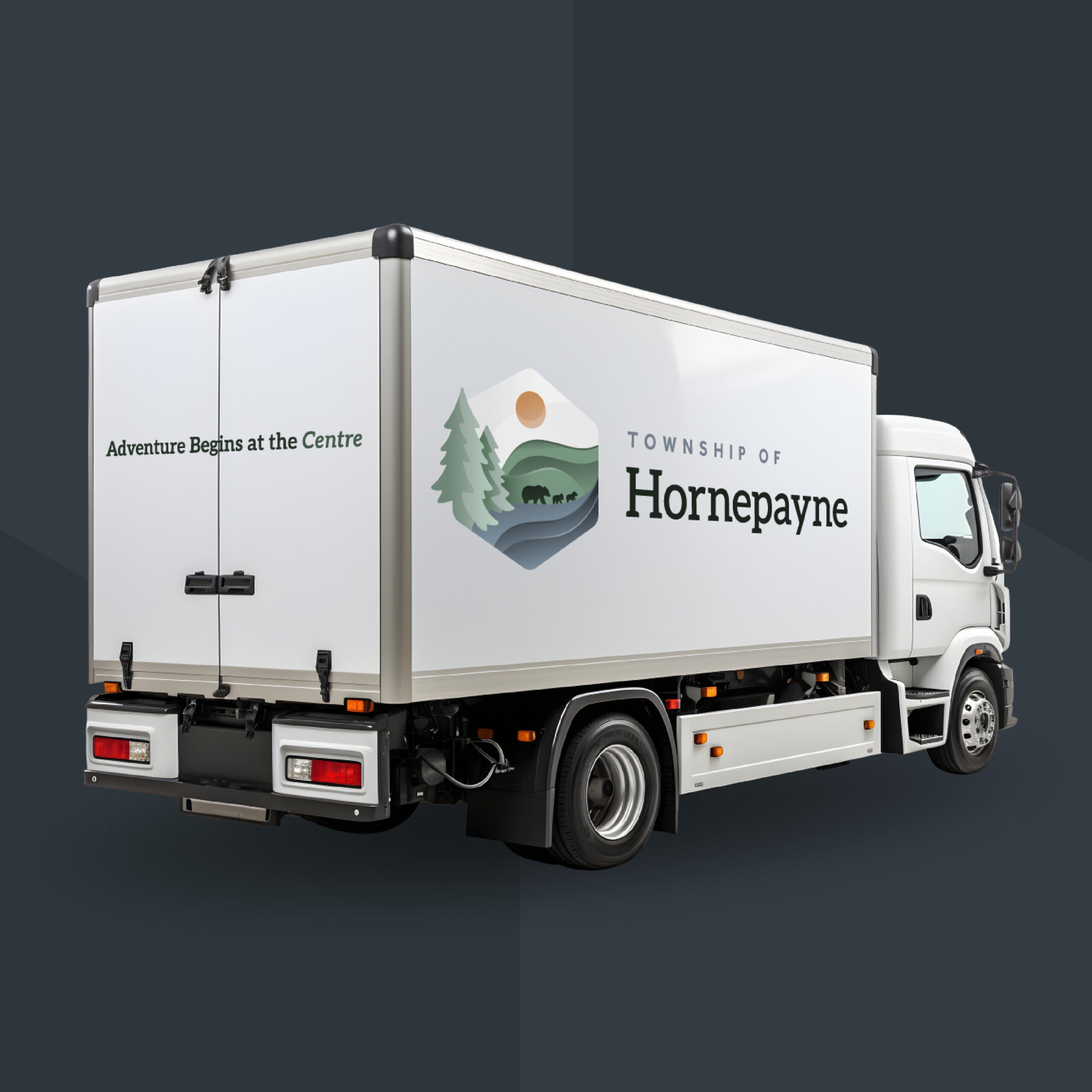 Logo of Hornepayne decal on white truck