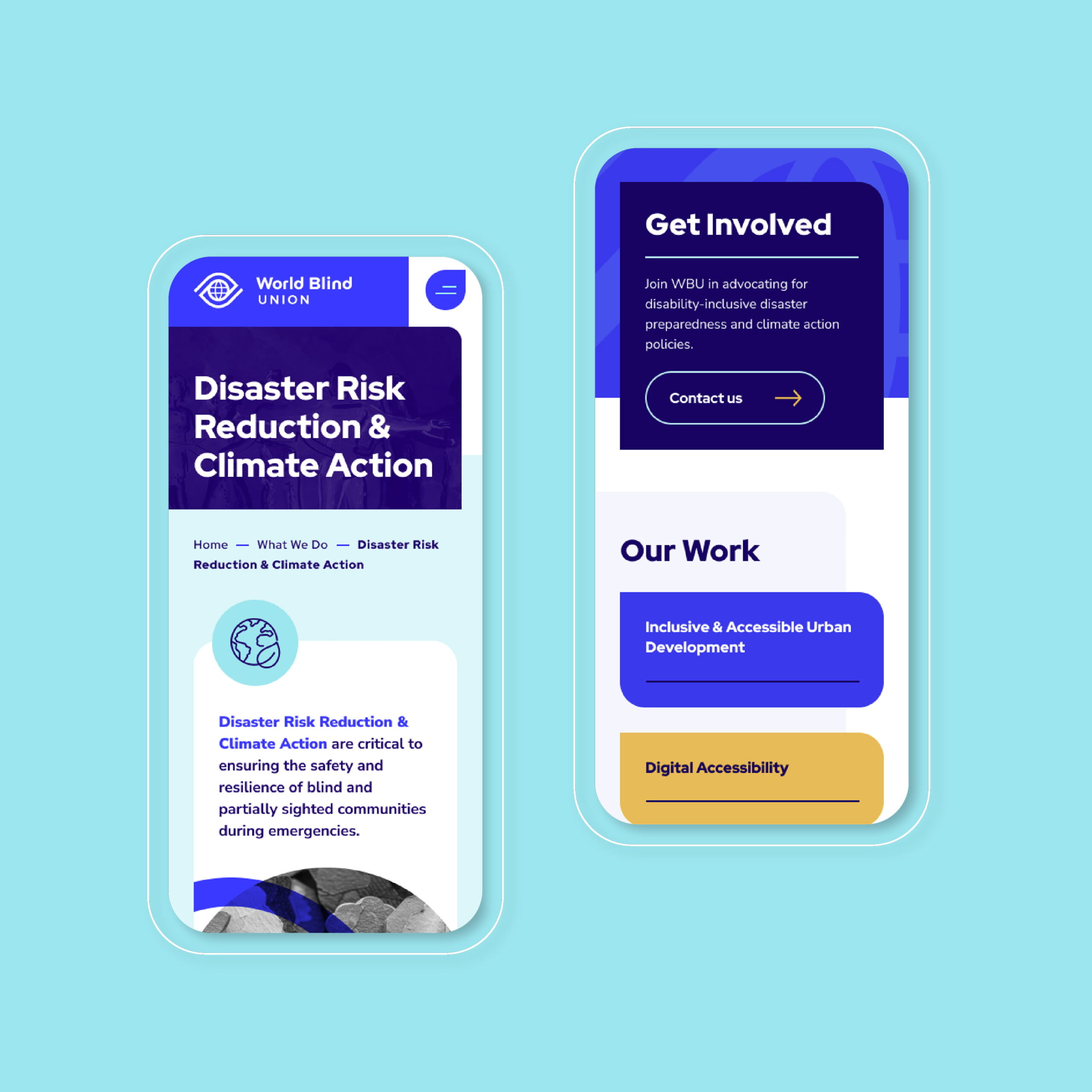 Two mobile phone screens display a website about disaster risk reduction and inclusive, accessible urban development.