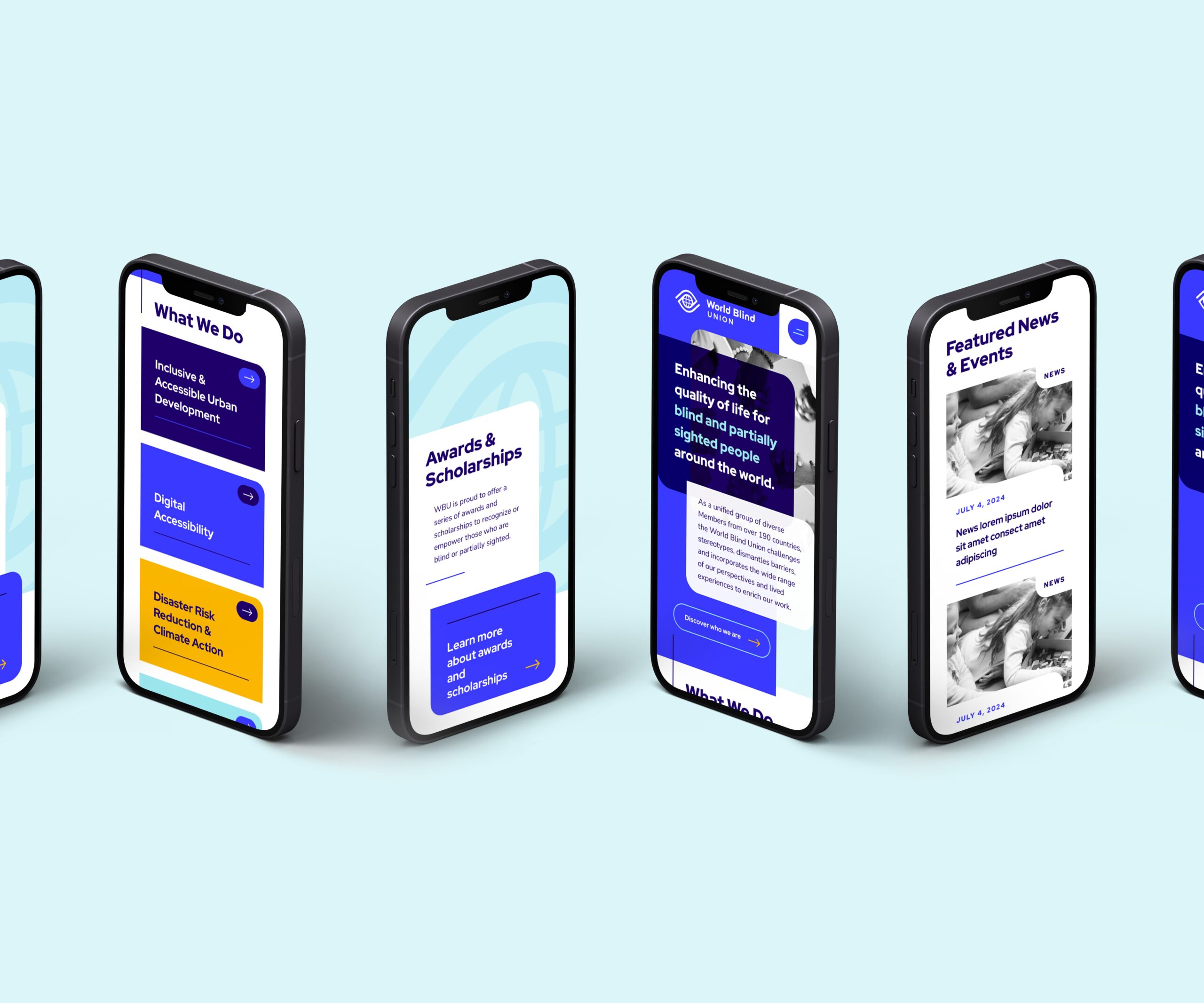 Five mobile phones display different screens of a website featuring information, awards, and news on a light blue background.