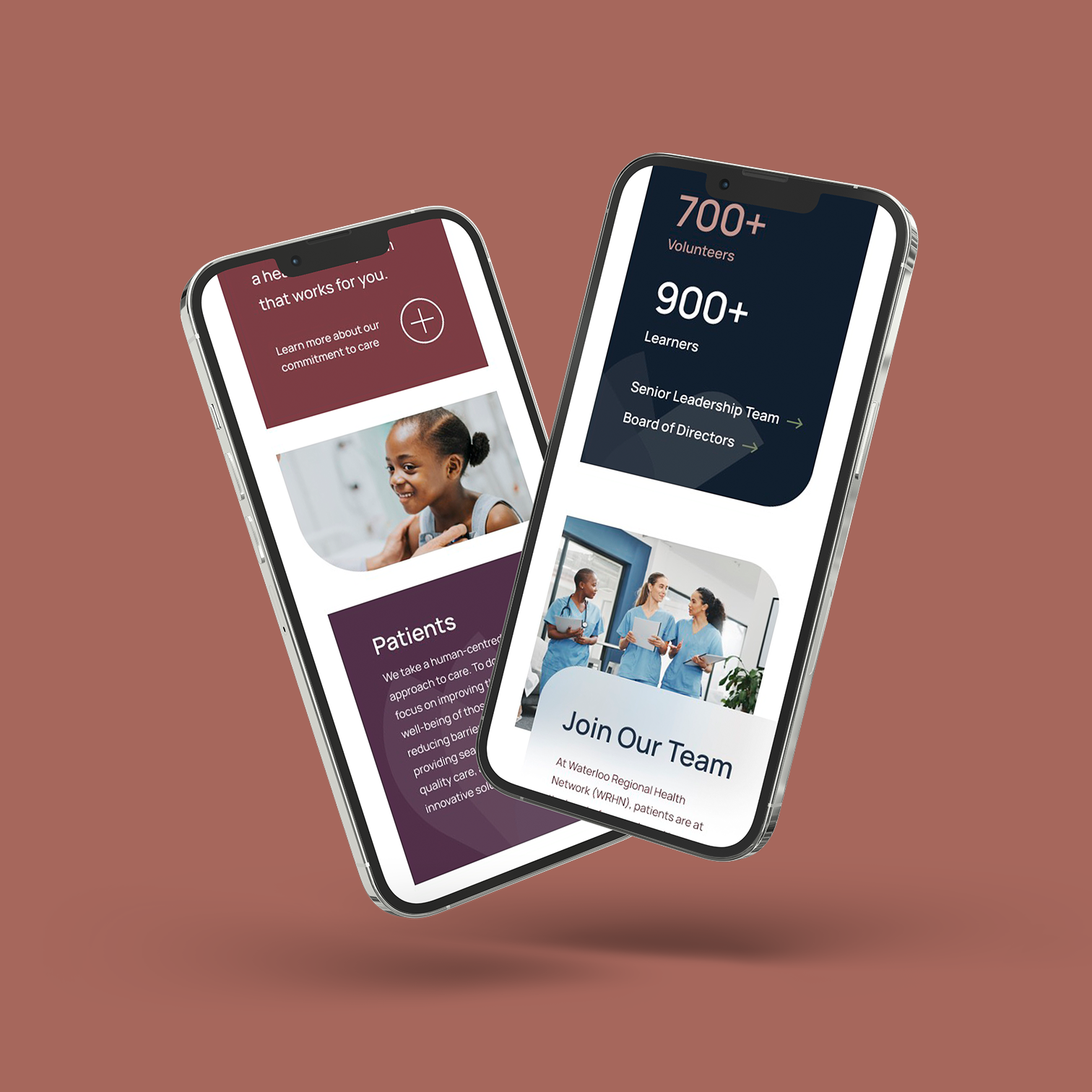 Two smartphones display healthcare app interfaces with patient information, statistics, and images of medical professionals.