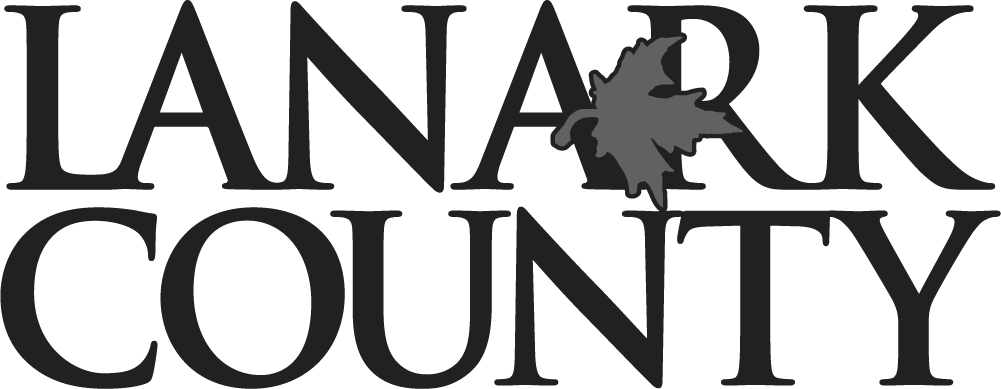 The words "Lanark County" in bold black letters with a grey maple leaf overlapping the letter "A".