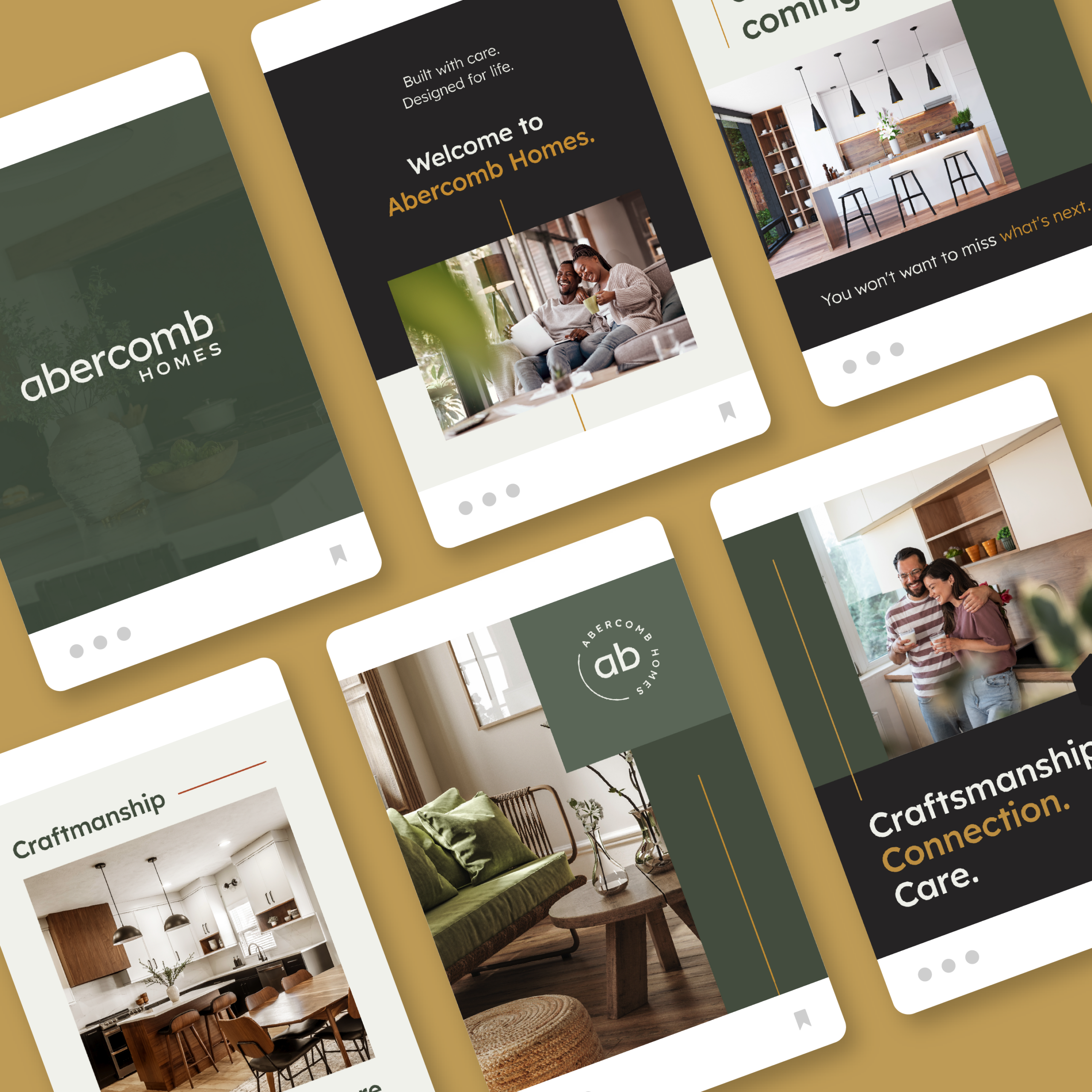 A grid of six Abercomb Homes promotional screens featuring modern interiors and branded text about home design and craftsmanship.