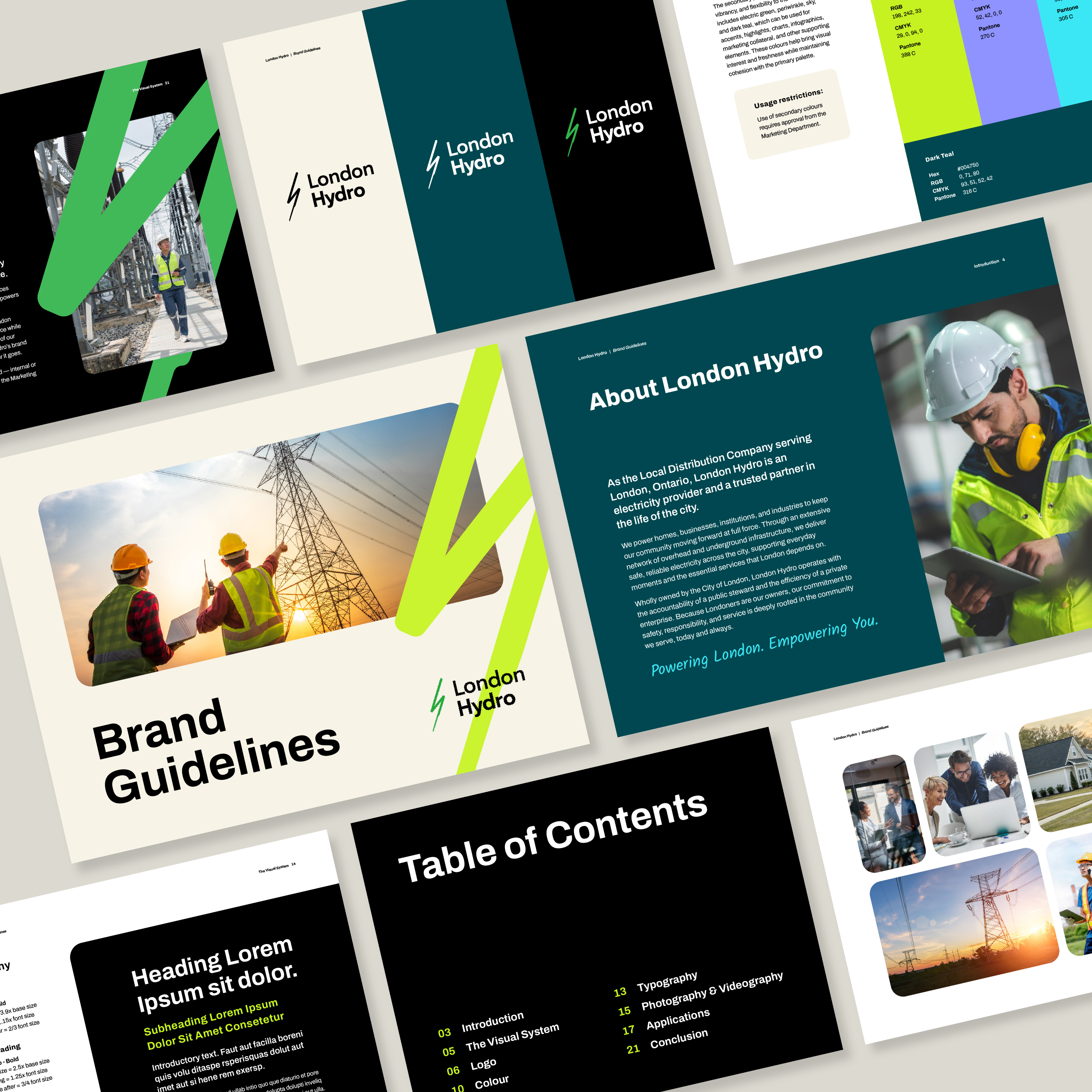Digital mock-up of London Hydro brand guidelines, including cover, colour palette, and sample content layout pages.