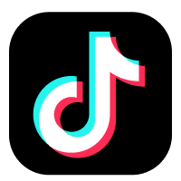 TikTok app logo featuring a stylised white music note with blue and pink outlines on a black background.